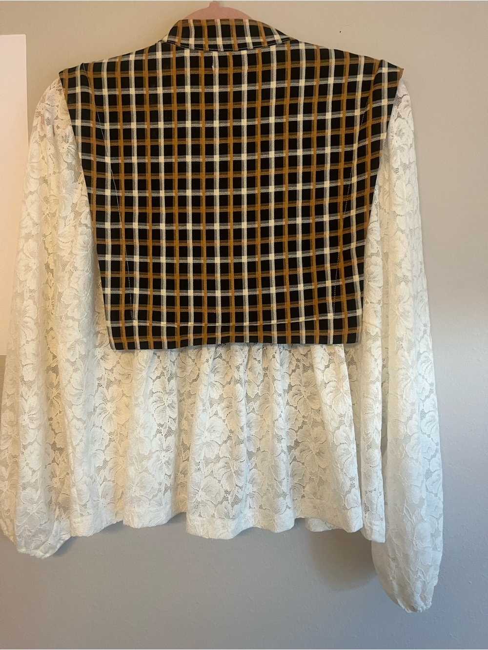 ANNIEWEAR Plaid Floral Lace Babydoll Blouse Black Camel Ivory NWOT - Picture 5 of 6